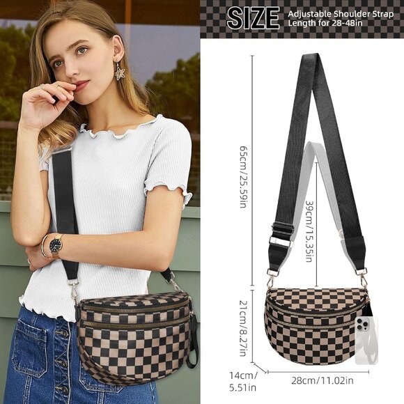 Checkered Nylon Crossbody Bag for Women Large Fanny Pack with Multiple Compartme - Picture 2 of 6